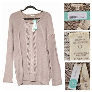 Mystree XXL Adelene Scoop Neck Cable/Open Knit Sweater New Taupe - 20% Cashmere